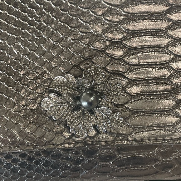 Neiman Marcus Silver Snake-embossed Wristlet, rhinestone & faux pearl accent